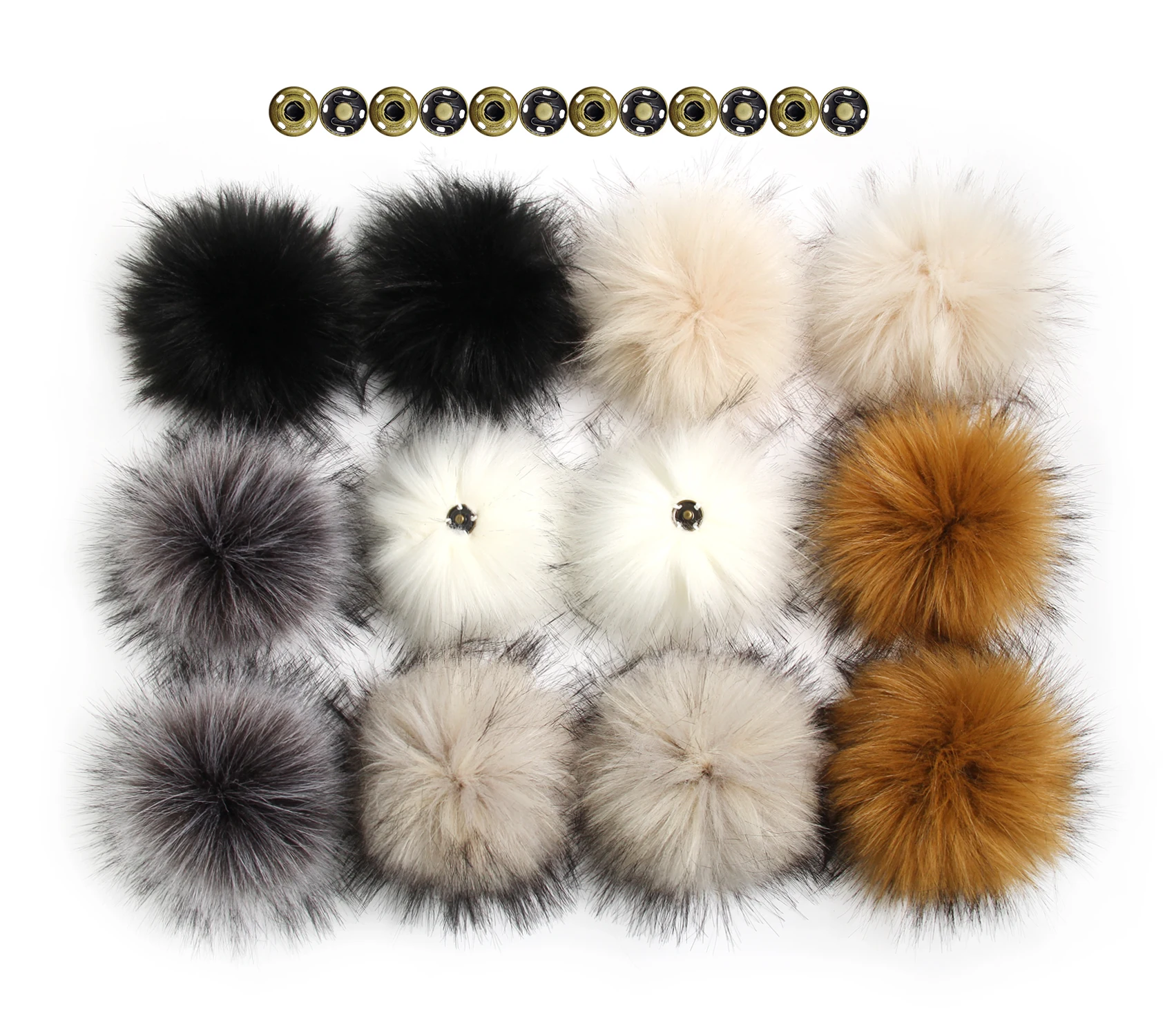 Pack of 12 Faux Raccoon Fur Pom poms 14CM/5.5inch with Press Snap Buttons for Beanie Hats Wholesale Hat Accessories