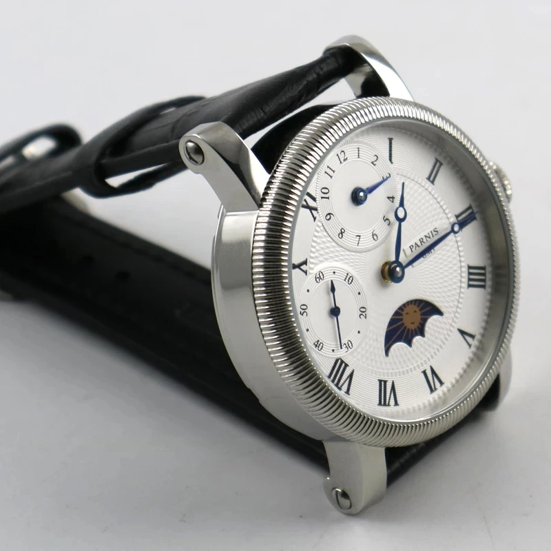 Moda 43mm White beyaz kadran mavi eller deri kayış GMT ay fazı mekanik el rüzgar erkek saati üst lüks marka hediye