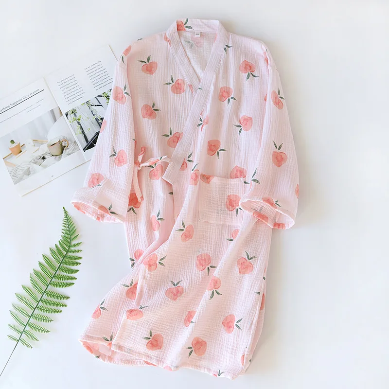 Summer Women Robes 100% Crepe Cotton Soft Elegant Kimono Ladies Nightdress Mujer Loose Sexy Printed Kawaii Womens Sleepwear