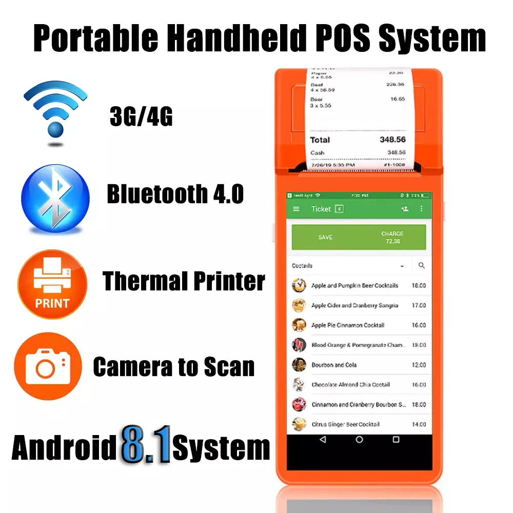 

GOOJPRT Portable Android 8.1 PDA With 58mm Bluetooth Thermal Receipt Printer 3G WiFi Mobile Order POS Terminal