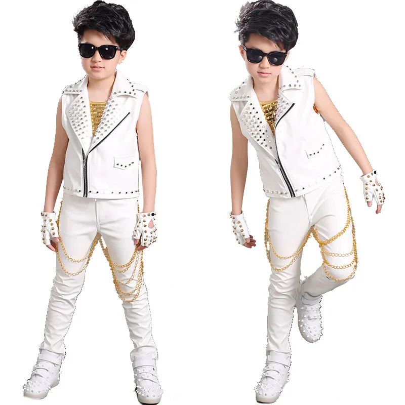 Boys Jazz Dance Costume Stud Leather Pants Jacket Gold Sequined Vest Children Singer Hiphop Stage Performance Costume DNV14066