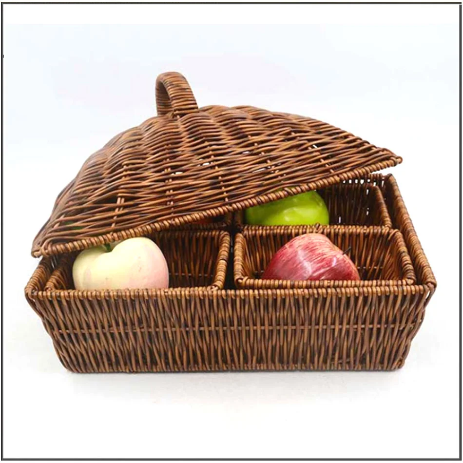 Circular Rattan Woven Storage Basket with Cover, Built-in Lattice, Rectangular Dessert Basket, Hotel Home Storage Frame