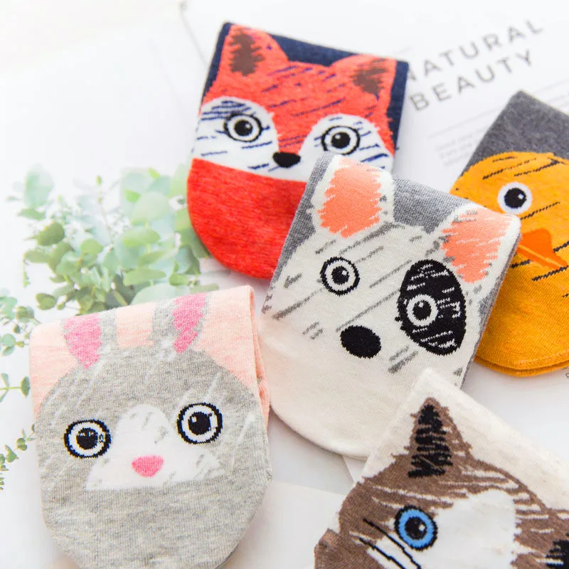 

5 Pairs/lot Cute Harajuku Animal Socks Women Breatable Korean Cat Fox Rabbit Dog Duck Funny Low Cut Ankle Sock Female Happy Sox