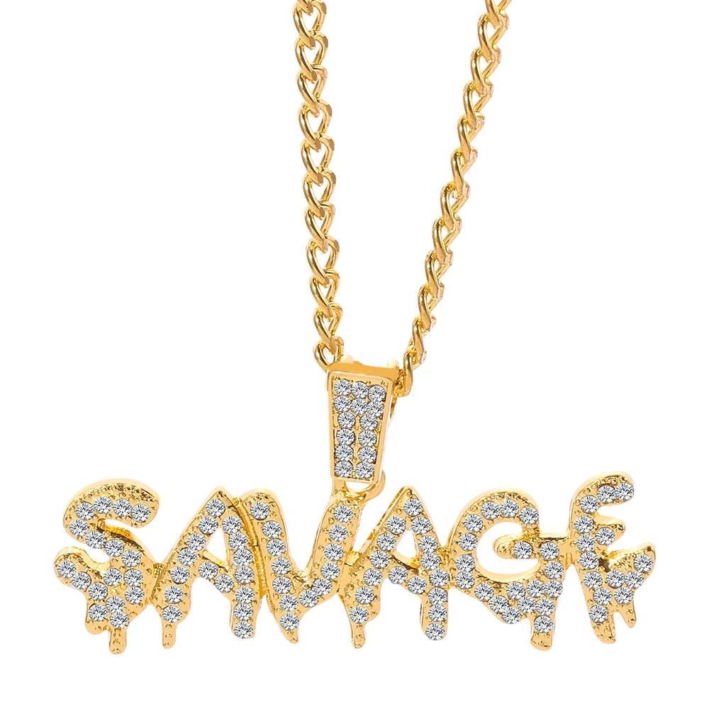 Bling Bling Savage Letter Necklace & Pendant Shiny Ice Out Link Chain Necklace With Tennis Chain Choker Hip Hop Jewelry for Men