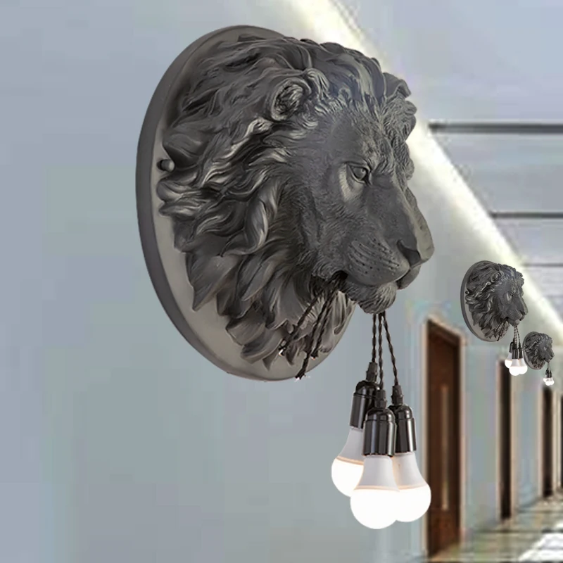 Nordic Animal Lion Head Shade Wall Lamps Living Room Study Bedroom Bar Bathroom Resin Decorative Wall Sconces Lights Lighting