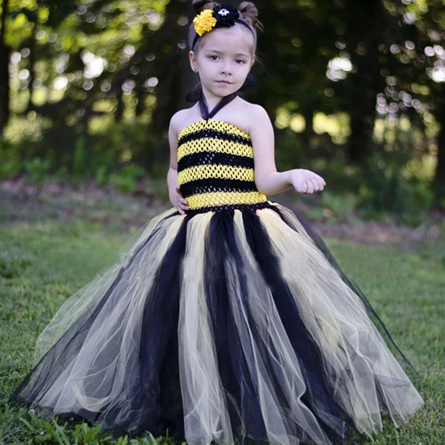 Meninas Amarelo Bee Crochet Tutu Vestido Crianças Espartilho Vestido de Tule vestido de Baile com Flor Hairbow Crianças Halloween Traje Do Partido Do Vestido