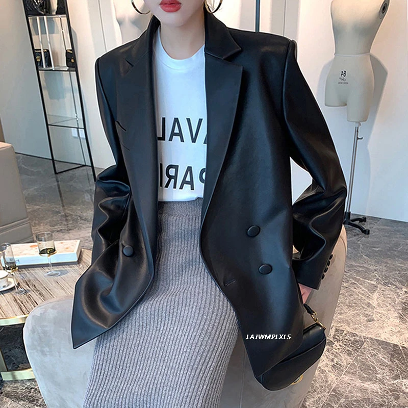 Korean 2022 New High Quality Spring Autumn Black Long Sleeve PU Leather Jacket Women Pocket Female Loose Blazer Fashion PY198