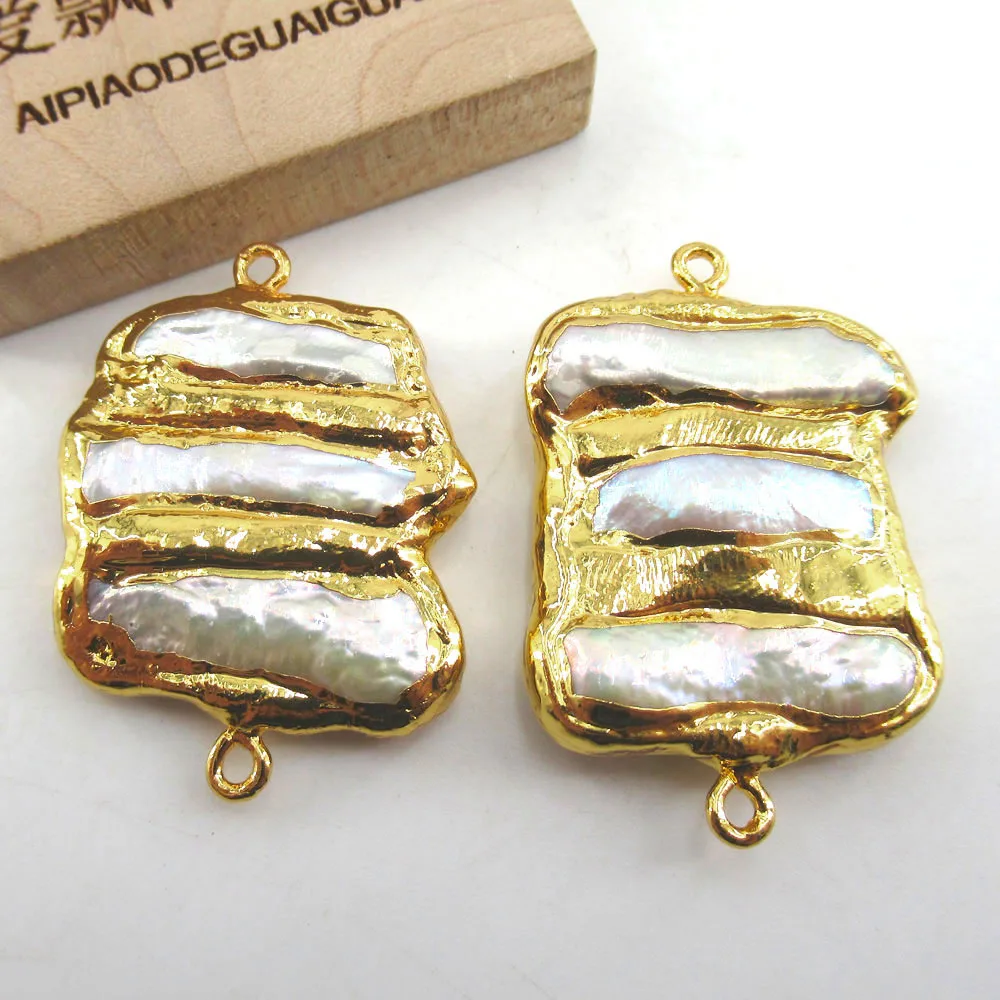 2PC Cultured White Biwa Pearl Pendant Double Ring Metal Bezel Connector Jewelry Making DIY