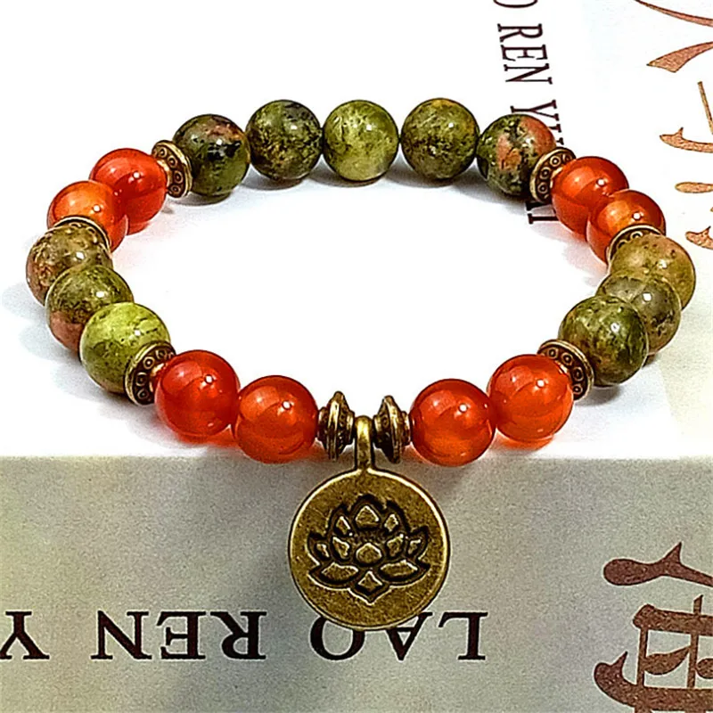 Charm Stone Wrist Mala Healing Crystal Lotus OM J-asper Bracelet Sets For Men Women Medetation Yoga Bead Carnelian Bracelet 2 pc view 5
