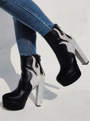 2021 New Arrival Ladies Platform High Heel Ankle Boots Goth Cool Black Print Zipper Winter Autumn Popular Women Shoes Fashion