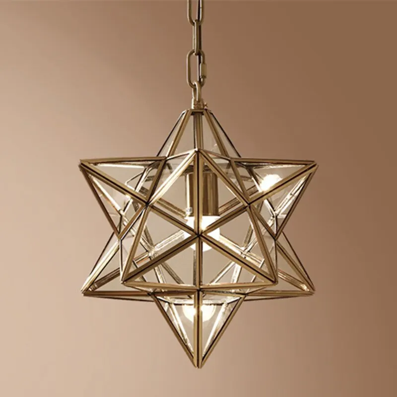 

Nordic Full Copper Art Star Glass Pendant Lamp Geometric Retro Bronze Home Decor Bars Cafe Aisle Hanging Lighting Fixtures