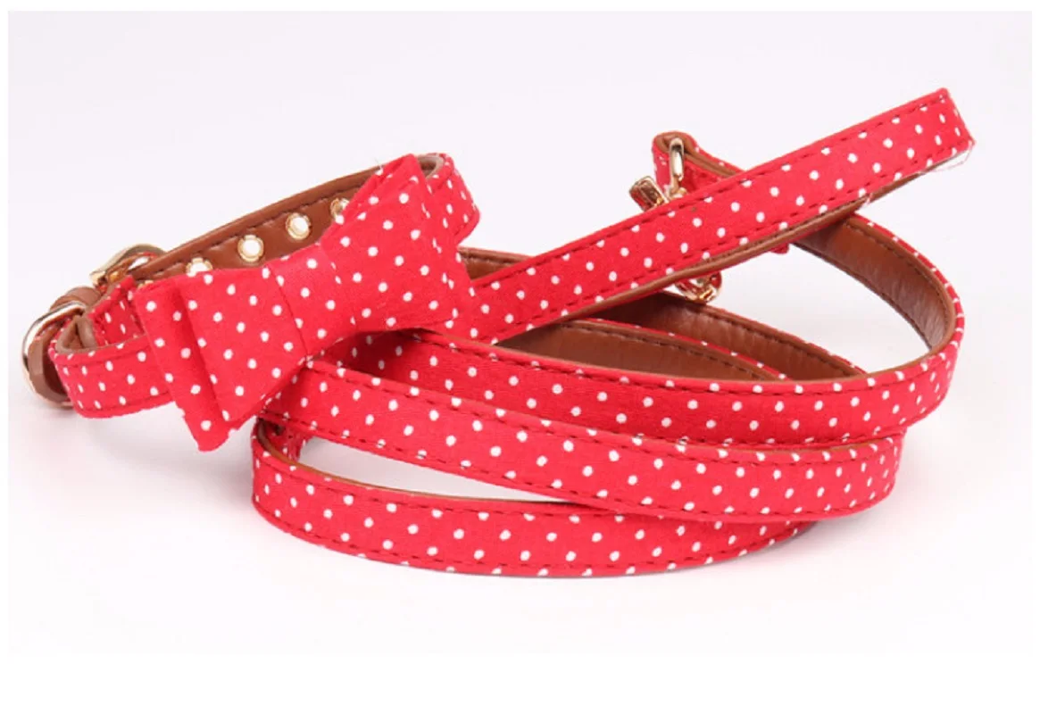 Free Shipping 4 Color Soft Pu+Cloth Dot Pattern Bow Dog Collar Leash Set Leader Accessories Collier Pour Chien Perro Coleira