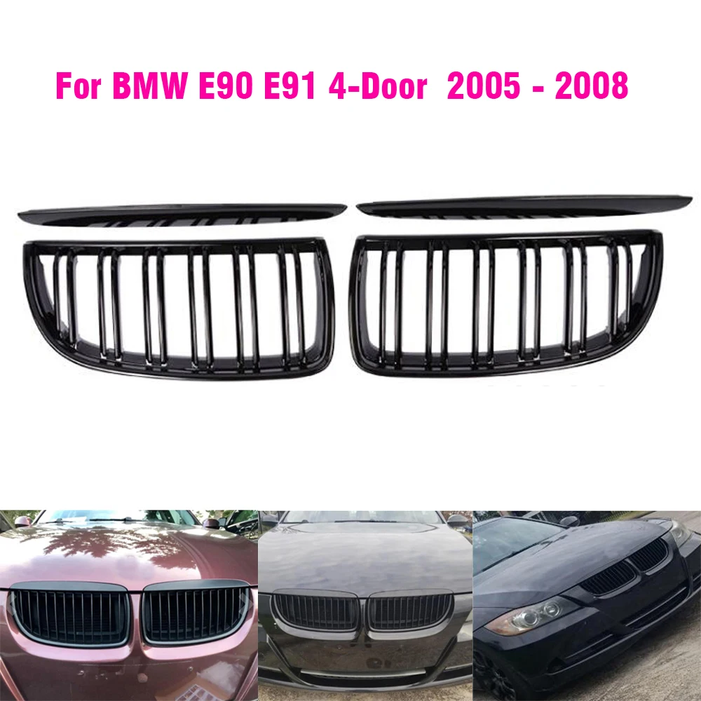 1Pair Front Gloss Matt Carbon Black 2 Line Double Slat Kidney Grille Grill For BMW E90 E91 4 Door 2005 2005 2007 2008