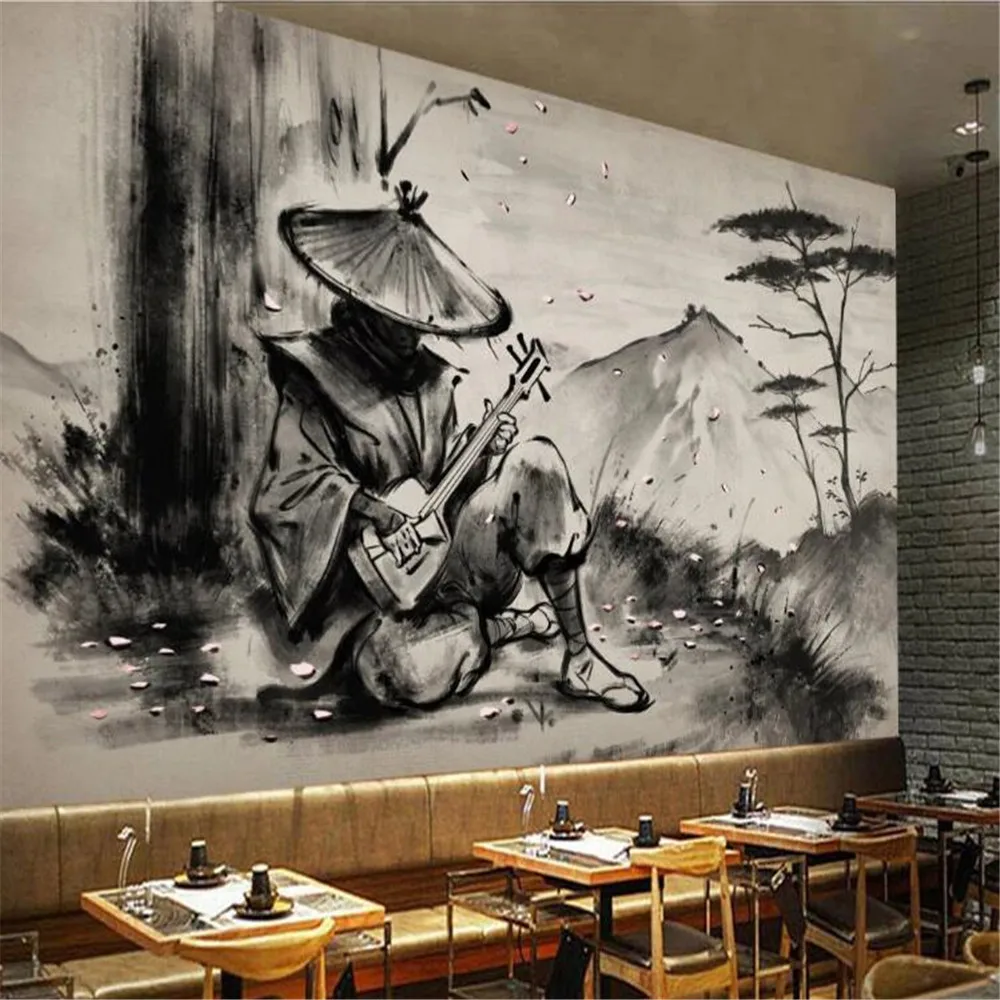 Mlofi custom large-scale mural wallpaper new black and white ukiyo-e samurai Lahu restaurant tooling background wall