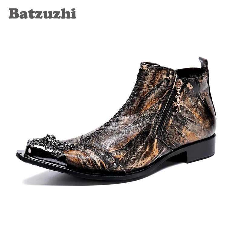 

Batzuzhi Fashion Boots Men Punk Leather Short Boots Pointed Metal Toe Botas Hombre Military Boots Zip Bronze, Big Size 38-46