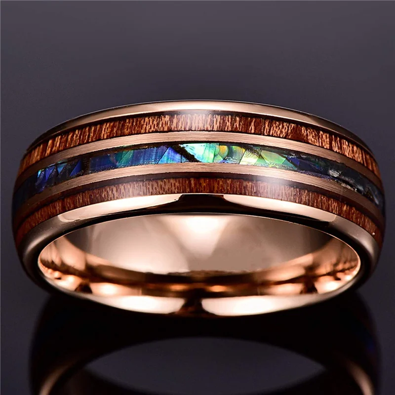 8mm Fashion Ring Rose Gold Inlaid Wood Grain Men Engagement Rings Unisex Jewelry Abalone Decorative Vintage Jewelry