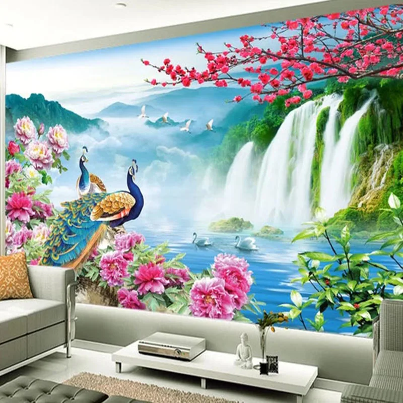 3D Pavão Pintura Paisagem, Custom Mural, Cenário da Natureza, Fresco Sala, Sofá TV, Estudo, Parede de fundo clássico, 3 D