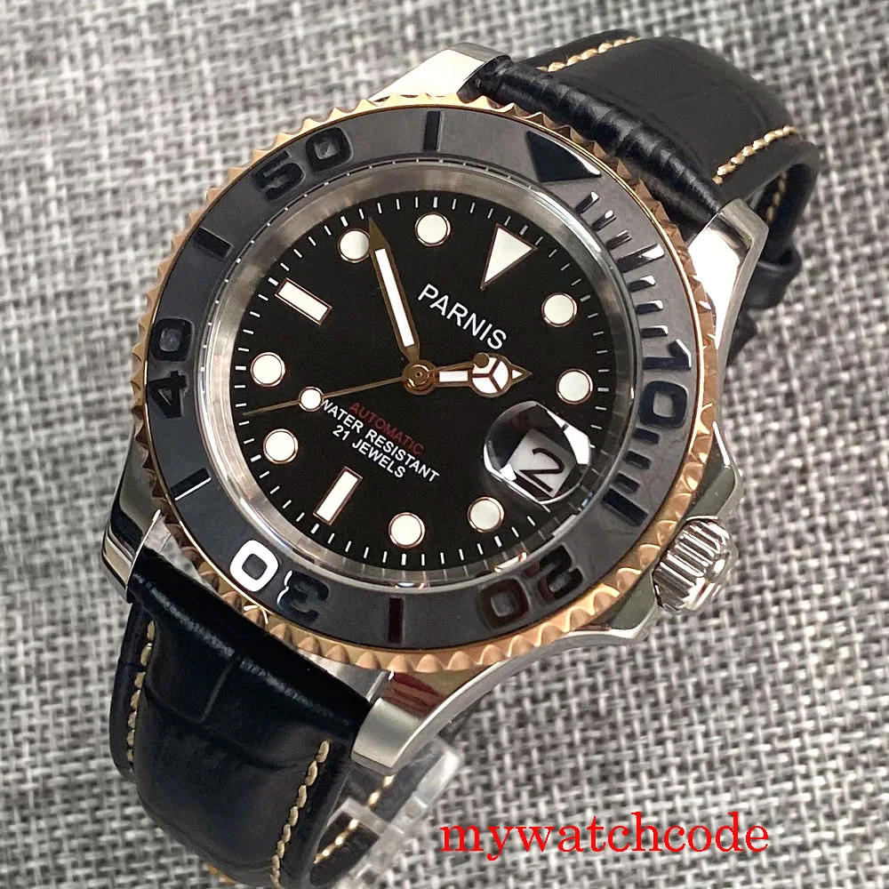 

41mm Parnis Black Dial Black Sapphire Glass Ceramic Bezel 21 Jewels Miyota 8215 Automatic Men's Watch Bidirectional Bezel