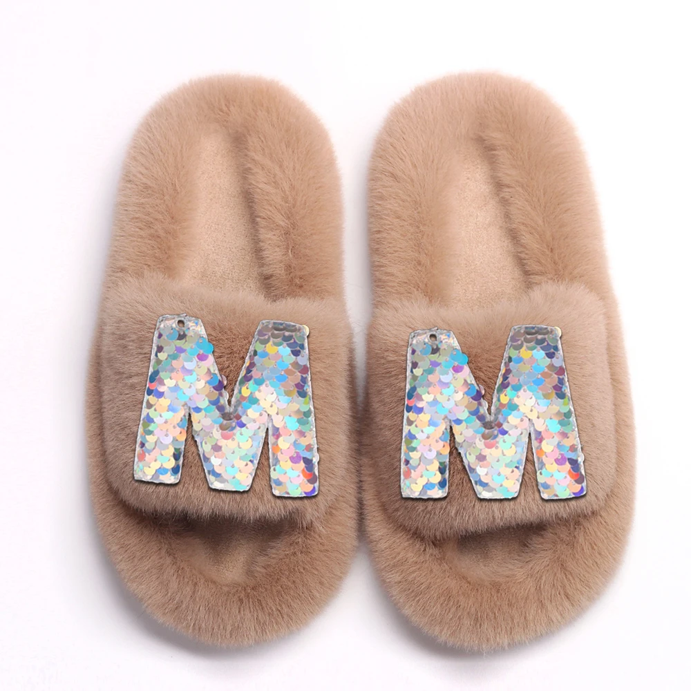 Women Winter Slippers Bling Letter M Decor Faux Fur Slippers Indoor Flip Flops Fluffy Slides Comfortable Sandals Furry Shoes