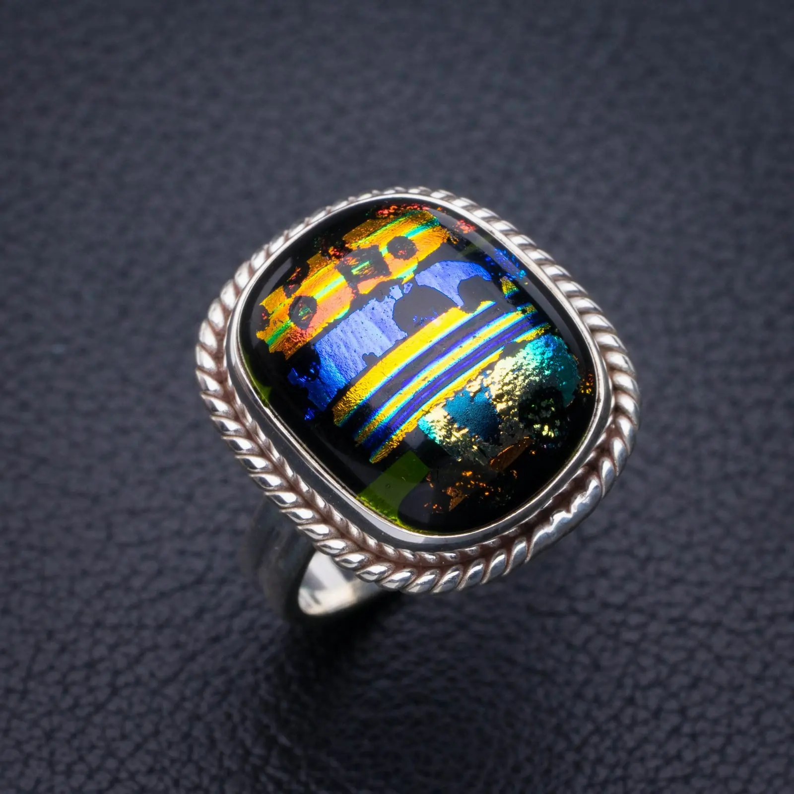 StarGems Natural Rainbow Dichroic Glass Handmade 925 Sterling Silver Ring 6.25 E2378