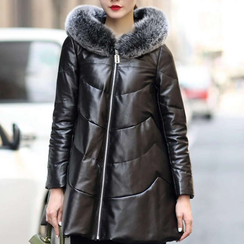 Loose 2022 Womens Sheepskins Coat Cap Coat Female Womens Winter Down Jackets Genuine Leather Jacket Ladies Coats Plus Size M-4XL