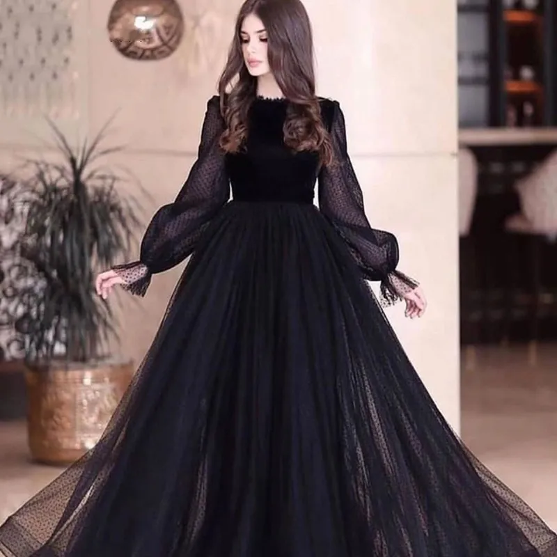 Abendkleider A-Line abito da sera manica lunga nero Dubai Arabia musulmana abito da ballo in pizzo robe de soirée femme пл"е на выпускной