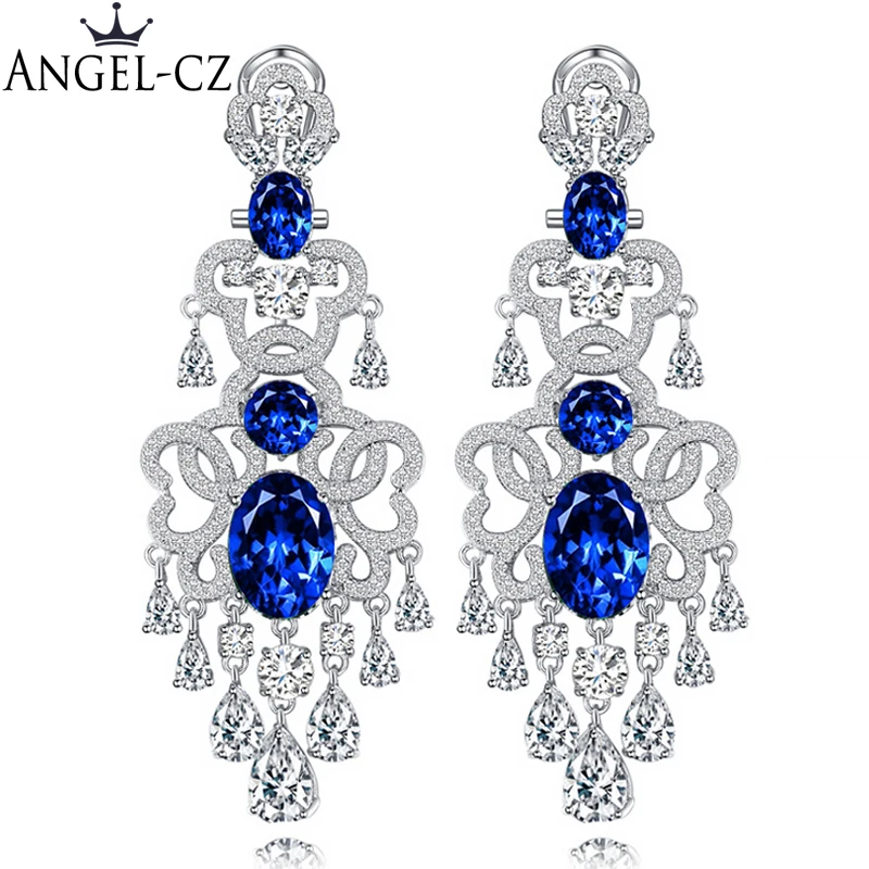 ANGELCZ European Luxury Bridal Chandelier Drop Long Earrings Dark Blue Cubic Zirconia Vintage Women Large Wedding Jewelry AE015