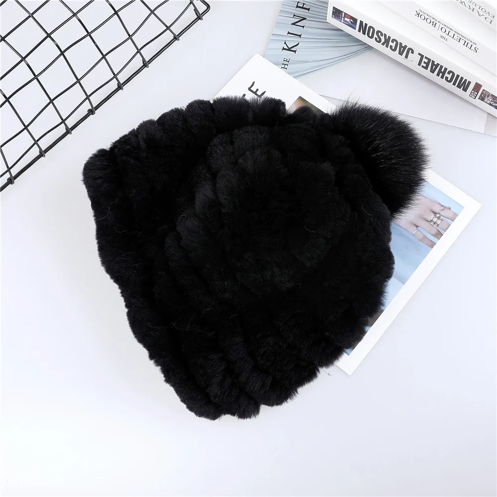 European Station Luxury Women's Real Rex Rabbit Fur Beanie Hats Lady Winter Warm Bucket Cap With Fox Fur Pom Poms Solid Color