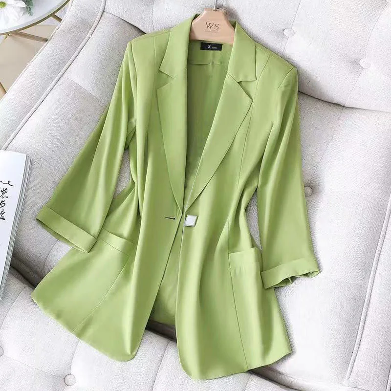 Summer Women Suit Coats 2021 New Black Slim Casual Chiffon Female Plus Size Thin Three Quarter Suit LJ3170