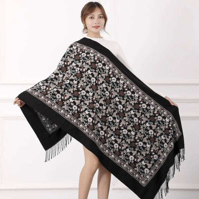 Luxury Brand Thick Winter Scarf Women Warm Cashmere Ginkgo embroidery flower Tassel Shawl Wrap Blanket Hijab Scarf  Pashmina