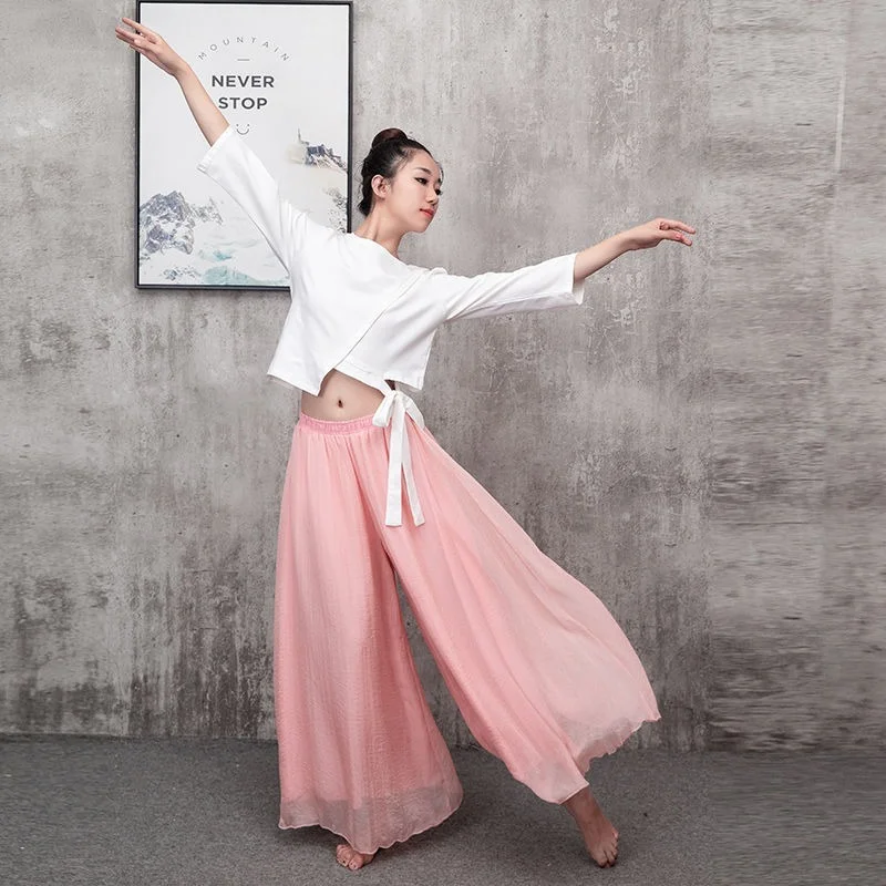 Black White Pink Chiffon Wide-leg Pants Elegant Dance Clothes Practice Pant Women\'s Wild Beach Trousers Women 2024 Y989