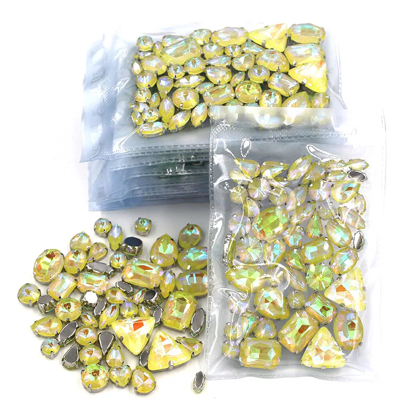 Clothing Accessories Wholesale 5 Bags Mixed Shape Glass Crystal Sliver Base Yellow AB Mocha Sew on Rhinestones Diy Wedding Dress