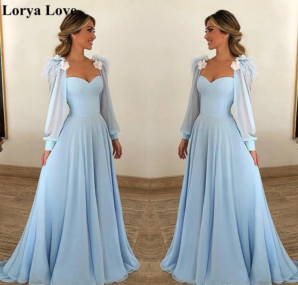 Luce Blu In Chiffon Abiti Da Sera 2020 Donne Formale Del Partito di Notte Robe De Soiree Elegante Abiti Maniche Lunghe di Promenade Maxi Vestito