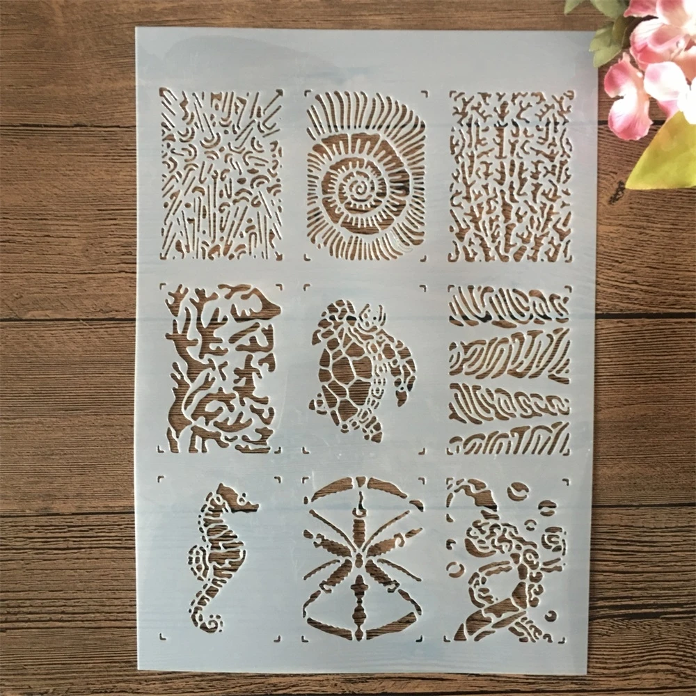 A4 29cm Nine Marine Life Turtle DIY Layering Stencils Wall Painting Scrapbook Coloring Embossing Album Decorative Template