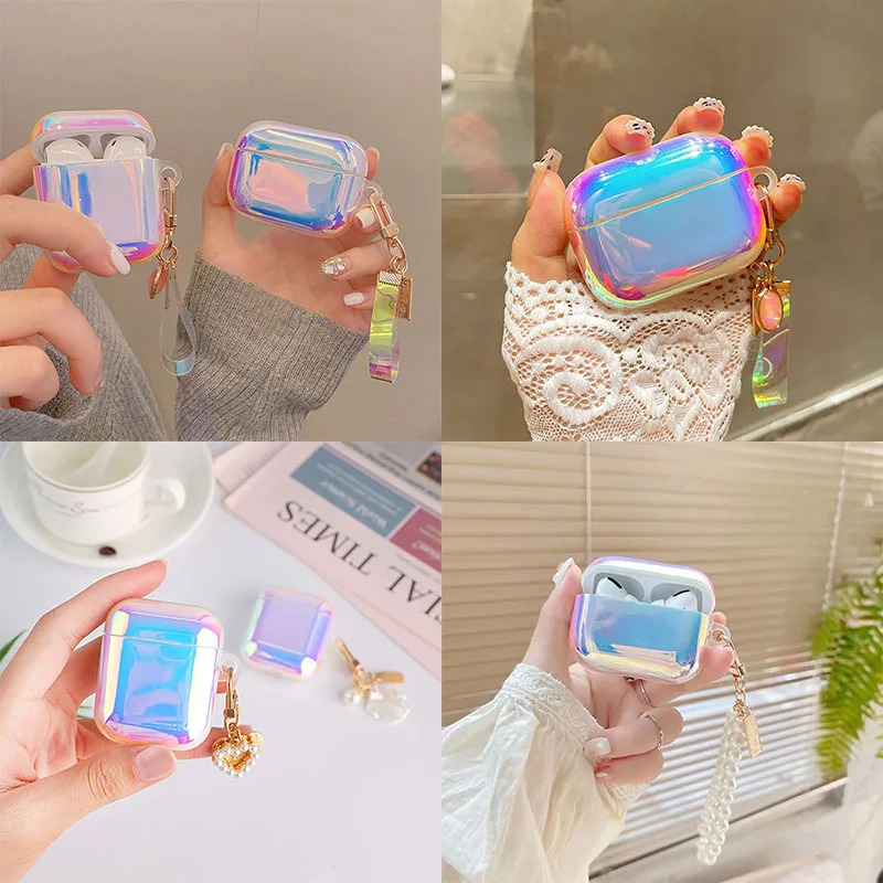 Luksusowe Gradient Laser TPU miękkie słuchawki Case dla apple airpods pro 3 zestaw słuchawkowy pokrywa dla AirPods 2/1 Shell Box Pearl Gem Key Ring
