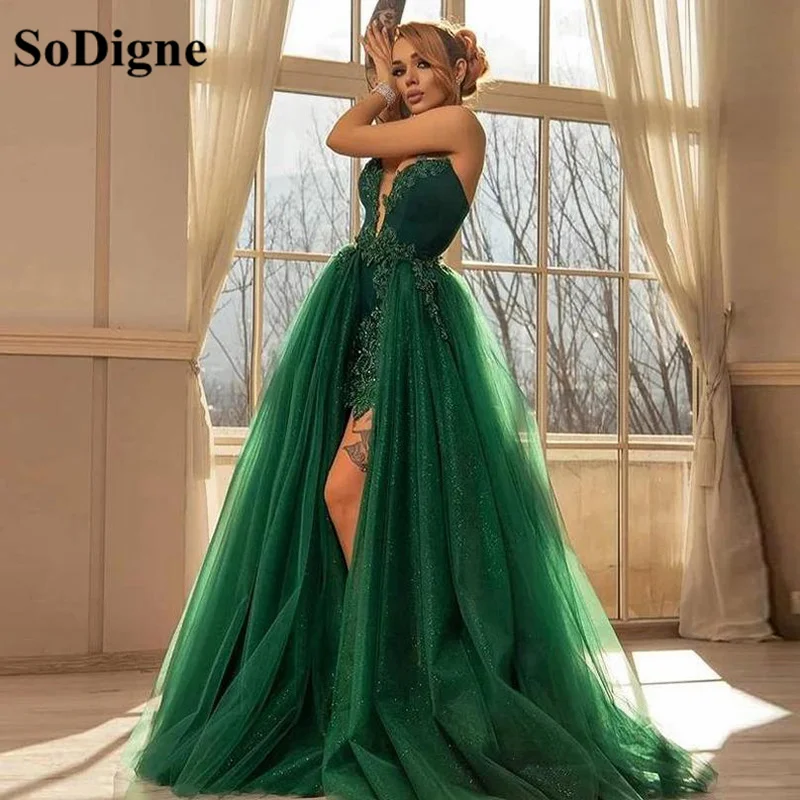 SoDigne-vestido de noche de encaje verde brillante, apliques de tren desmontables, tul sin tirantes, vestidos de fiesta de graduación, 2022