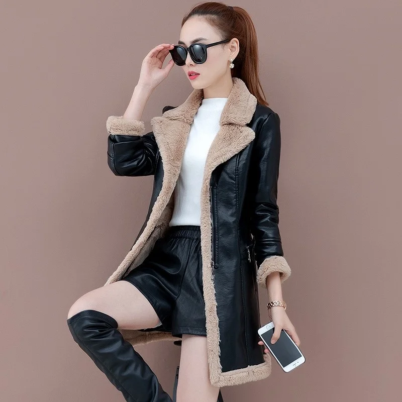 Women Winter Warm Fur Lining Long Trech Coat Slim Fit Ladies Overcoat Casual Pu Leather Jacket Plus Size L-5XL Outwear Coats