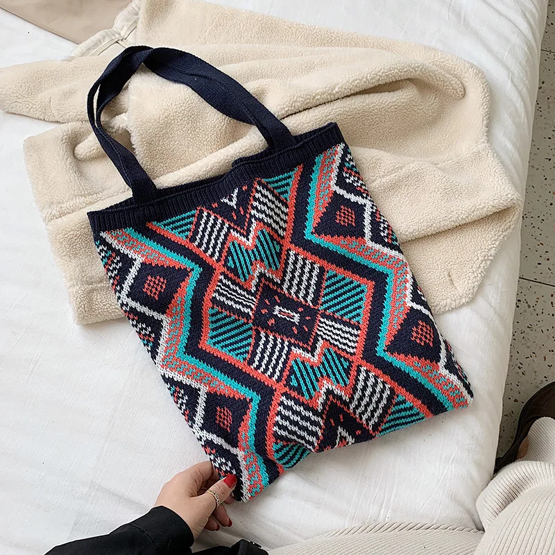 Wool Plush Woven Women Shoulder Bags Ladies Ethnic Style Designer Knitted Braid Handbags Tote Summer Beach Shopper  Purses