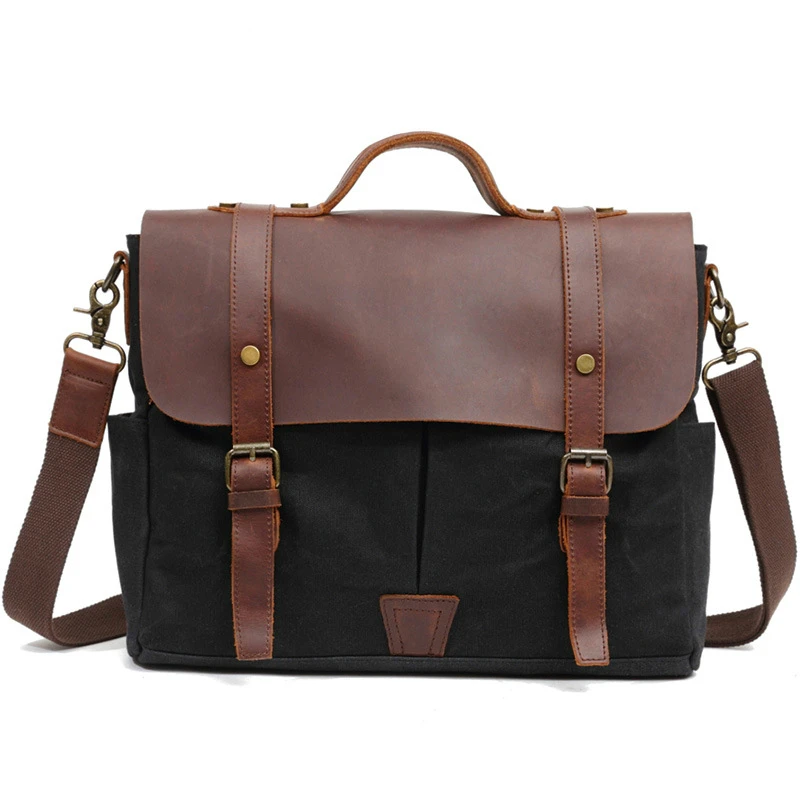 Fashion casual men's briefcase business portable oil wax canvas stitching leather shoulder messenger bag real leather bags