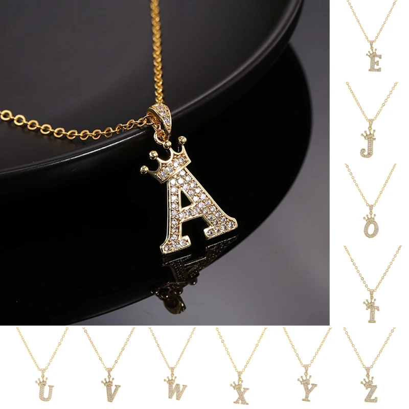 Vintage Crystal Zircon Alphabet Pendant Necklace Women Men Crown Initial Letter Necklace Goth Gold Sliver Color Chain Jewelry