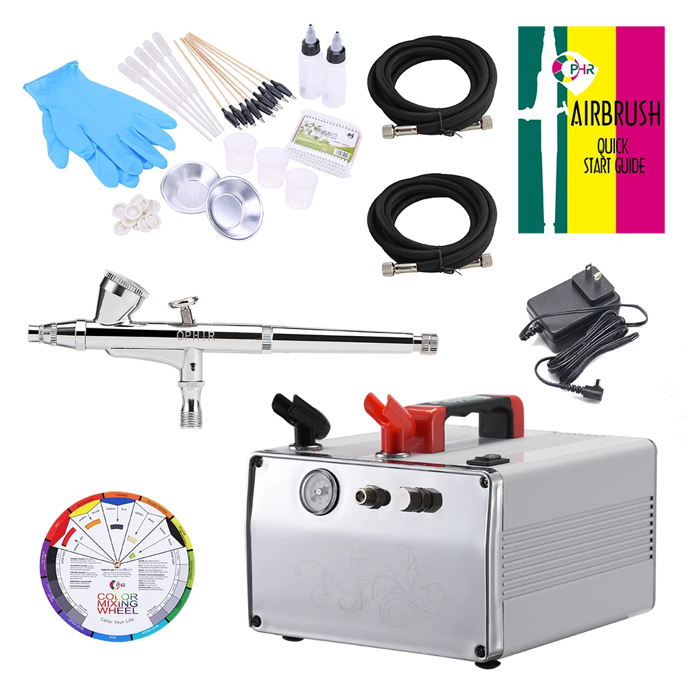 OPHIR Dual Action Airbrush Gravity Paint Gun Kit &  DC 12V Compressor & Color Wheel & Airbrush Accessories for Model AC062W