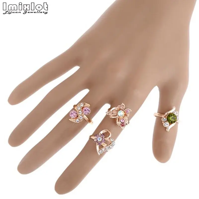 10Pcs Mixed Style Bow Flower Shape Jewelry Lots Colorful Crystal Rhinestone Kid Children Rings for Women Girls