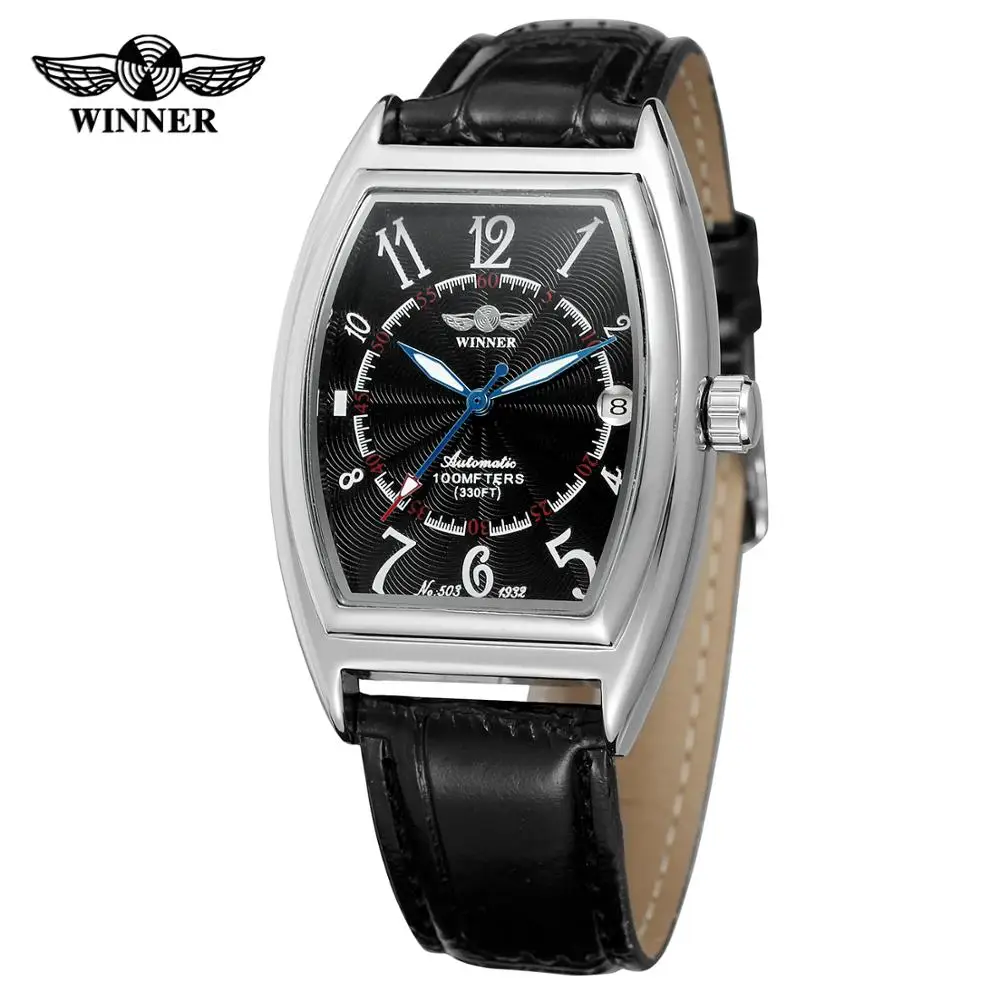 T-WINNER Fashion simple casual men\'s watch rectangular black dial silver case black leather strap automatic mechanical watch