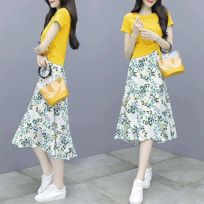 2024 Summer Korean Fashion T-shirt Skirt Set Women Graceful Print Dress Short Tops Outfits Girls Students Casual Sweet Clothing