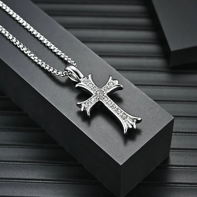 2021 New Fashion Male Crystal Zirconia Cross Pendant Necklace Stainless Steel 60CM Link Chain Jewelry For Men Best Gift