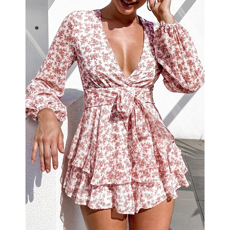 Ardm Fahion V Neck Chiffon Jumpsuit Women Ruffled Lace Up Long Sleeve Playsuit Floral Print Sweet Rompers
