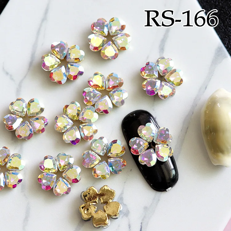 Cristal colorido liga Nail Art Rhinestone, coração e flor, Metal Manicure Acessórios, DIY Nail Decoration, Nails Charms, 10pcs