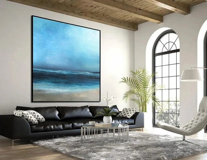 

Monday Art Large Wall Art hand painted Sea Level Blue Sky Landscape Oil Painting Modern Home Decor For Living Room Hallway