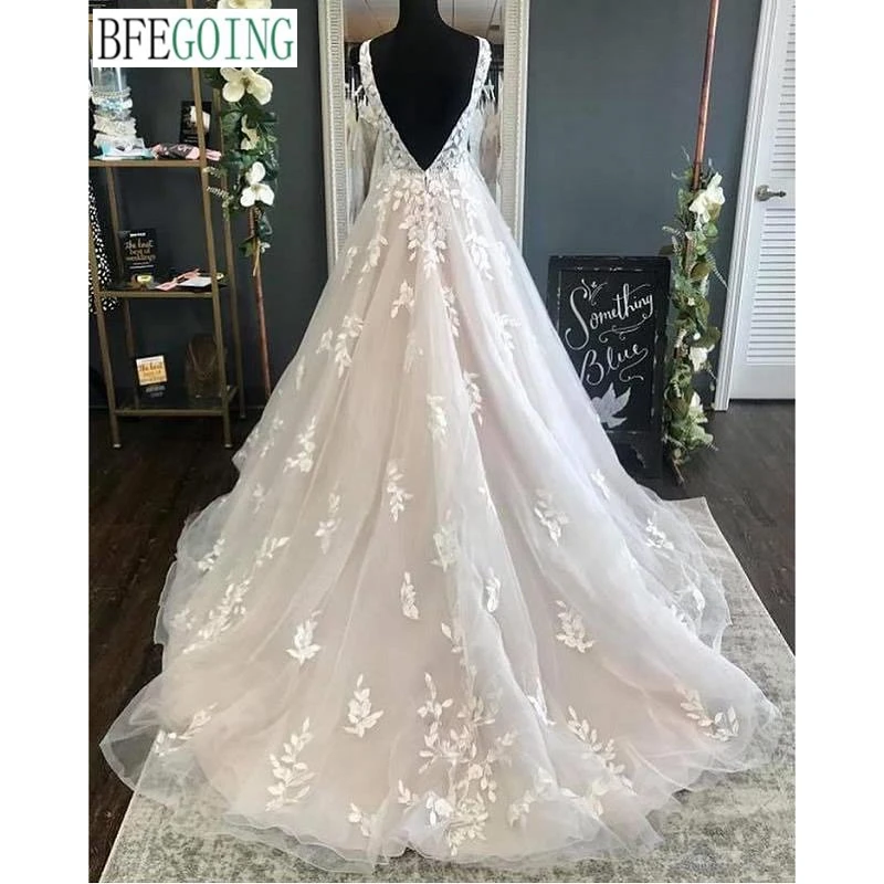 Tulle Organza Renda V-Neck Tanpa Lengan Panjang Lantai Gaun Pengantin A-Line Kereta Kapel Gaun Pengantin Dibuat Sesuai Pesanan