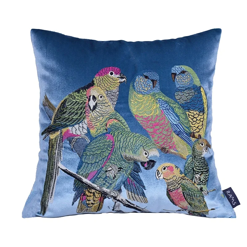 Diphylleia American Country Style Luxury Cushion Cover Colorful Parrot Embroidered Royal Blue Throw Pillow Case For Living Room